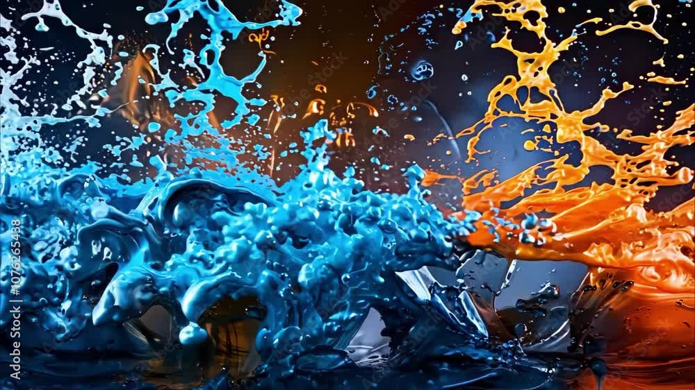 Poster abstract liquid splashes in vibrant colors of blue, orange, and silver, creating a dynamic visual ef