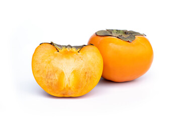 Sweet and crunchy ripe Persimmon Cut in half isolated on white background.