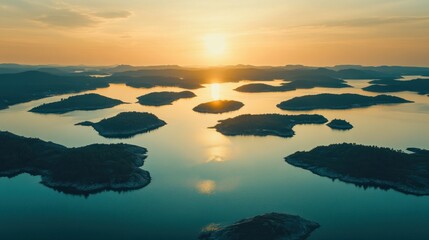 A beautiful ocean view with many islands and a few small ones. The water is blue and the sky is orange