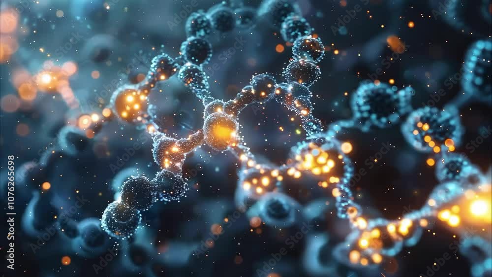 Poster a close-up view of a molecular structure with glowing particles, representing scientific concepts li