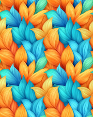 A colorful pattern of leaves with blue, orange, and yellow colors. The leaves are arranged in a way that creates a sense of movement and depth. Scene is vibrant and lively, with the colors
