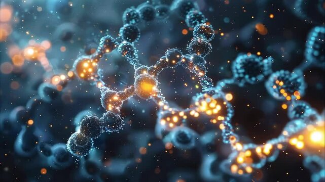 A close-up view of a molecular structure with glowing particles, representing scientific concepts like chemistry or biology.