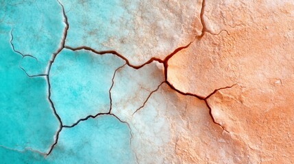 Obraz premium Cracked earth in vibrant turquoise and orange hues creates a striking visual contrast, AI