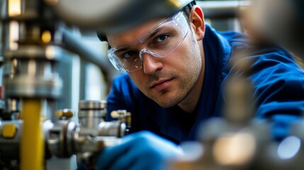 A factory technician inspecting a gas system for leaks, ensuring proper gas flow and system safety