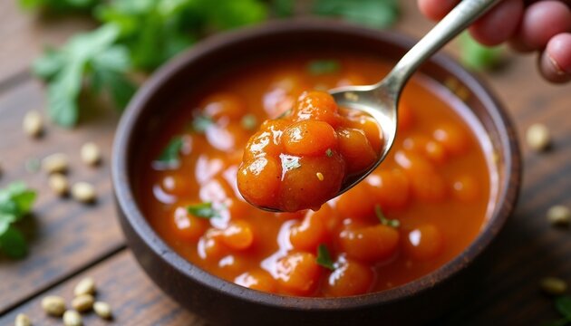 sweet and spicy tamarind chutney  a bowl, with scattered coriander and cumin seeds on the background