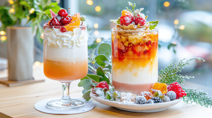 Two festive winter themed drinks with whipped cream and berries on wooden table