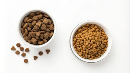 Minimalist Dry Dog and Cat Food in White Bowl - Top View, Isolated on White Background for Pet Nutrition and Wellness Concepts