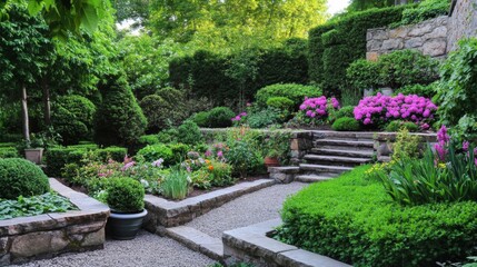 Stone Steps and Flowerbeds in a Lush, Green Garden