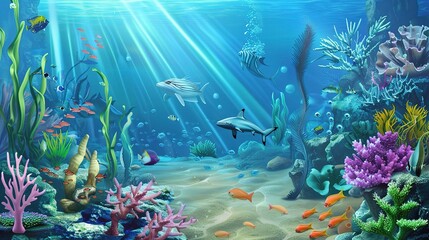 Stunning coral reef landscape with vibrant corals of various colors, schools of colorful fish swimming gracefully among them