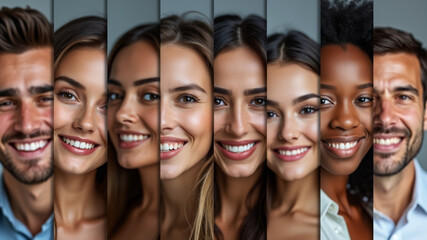 Obraz premium Collage of Smiling Multicultural Faces, Young Diverse People Looking at Camera in Mosaic Headshot Collection. 