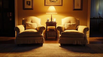 Pair of plush armchairs in a cozy, intimate setting, earthy and beige tones, warm ambiance, simple decor and soft shadows, ideal for comfortable and relaxing home interiors