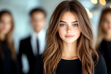 Fototapeta premium A woman with long brown hair and a black dress is smiling for the camera. She is surrounded by two men and two other women