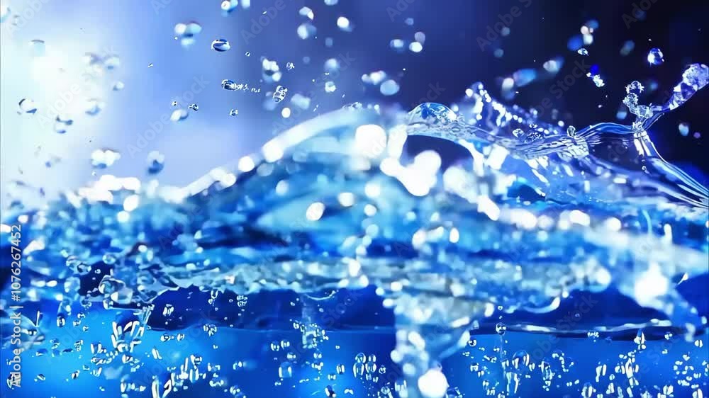 Poster a close-up of water splashes creating dynamic droplets against a blue background.