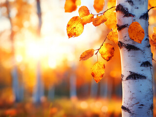 Vibrant Autumn Leaves Glowing in the Sunlight Against a Soft Tree Bark Background, Capturing the Essence of Fall Beauty in Nature&rsquo;s Splendor