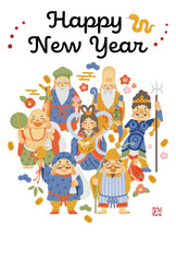 2025年巳年年賀状　シンプルでかわいい七福神のイラスト