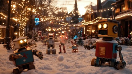 Naklejka premium A festive scene of playful robots enjoying a snowy day, illuminated by bright lights, creating a whimsical winter atmosphere.