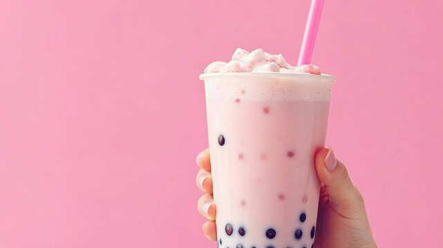 A person is holding a pink cup with a straw and bubbles