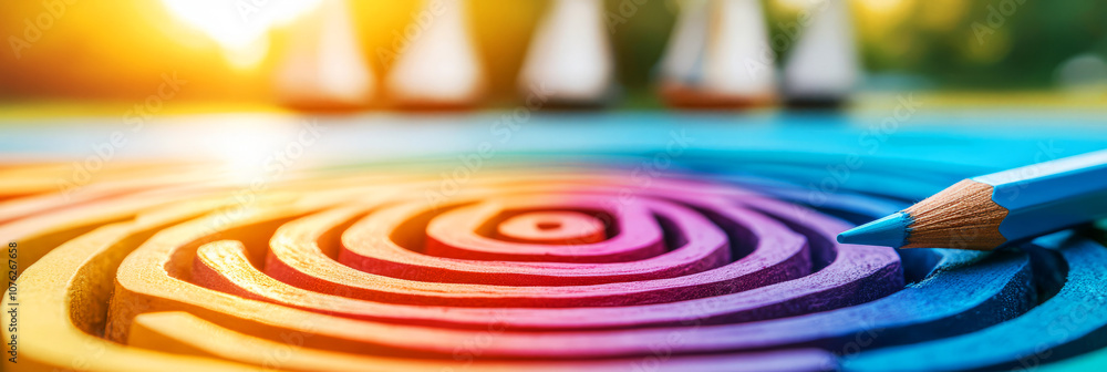 Poster colorful spiral pattern with colored pencil creating artistic design in soft evening light, blurred 