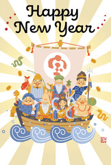 Naklejka premium 2025年巳年年賀状 シンプルでかわいい宝船に乗った七福神のイラスト