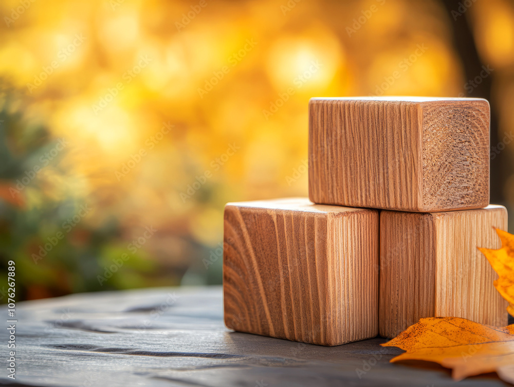 Poster wooden blocks stacked with autumn leaves on a rustic table surrounded by a beautiful blurred backgro