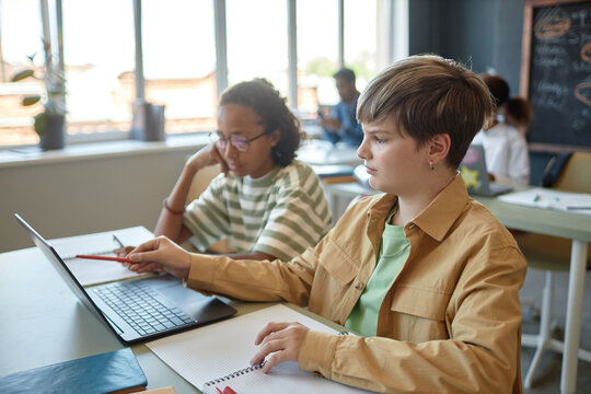 Side view portrait of Caucasian teenage boy pointing at laptop screen while studying with friend in school classroom copy space