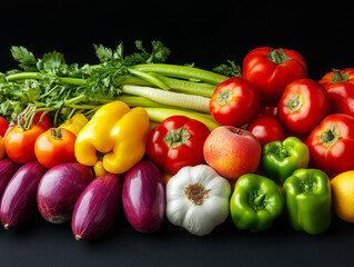 Fresh and Colorful Assortment of Organic Fruits and Vegetables Displayed on a Black Background for Healthy Eating and Culinary Inspiration