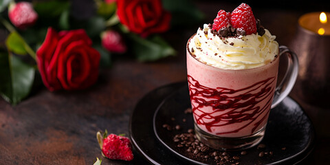 Raspberry Hot Chocolate with Whipped Cream and Roses