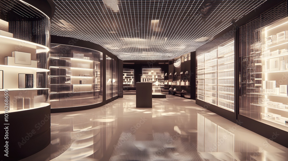 Poster 73. a 3d digital showcase with rotating digital grids and soft lighting, providing space for a produ
