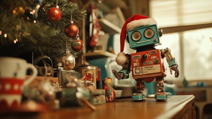 Fototapeta premium A colorful vintage robot wearing a Santa hat stands on a table decorated for Christmas, surrounded by ornaments and festive decor.