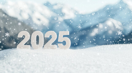 Bold 2025 in Ice Blue Against Winter Mountain Landscape