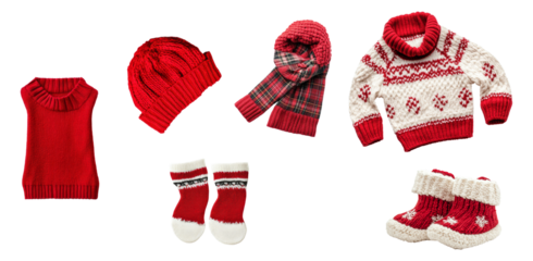 Set of Christmas clothes for winter and new year holiday including of sweater, stocking, hat and scarf isolated on background.