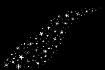 Shooting white Stars. Stars with elegant star trail on black background. Festive star sprinkles, powder, sparkles. Vector illustration © Mary Pain