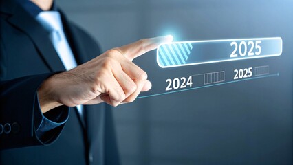 Businessman’s Hand on Holographic Timeline, Blue Tech Progress V6