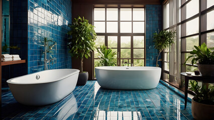 Modern and refreshing spa chic bathrooms: blue tile, large tub, green plants by window generative ai