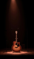 Acoustic guitar spotlighted on dark stage