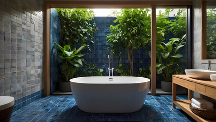 Modern and refreshing spa chic bathrooms: blue tile, large tub, green plants by window generative ai