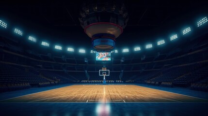 Empty basketball arena, stadium, sports ground with flashlights and fan sits. Ai generated ar