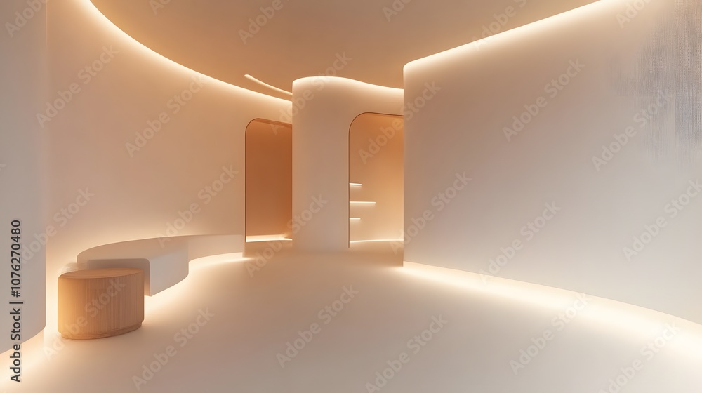 Poster 77. a minimalist 3d setting with soft lighting and curved walls, leaving an open area for product pr