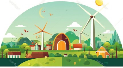 Environmental engineering recycling symbol with wind turbines and solar panels in flat design Vector look Digital art Large space for text in center Stock Photo with copy space 