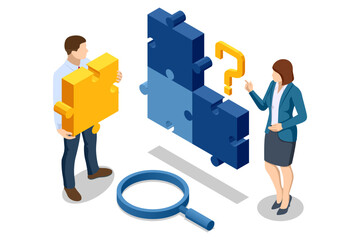 Isometric Business Puzzle.A man is thinking about how to create a profitable business. Teamwork and partnership. Business people join puzzle pieces. Doing business