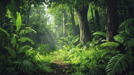 A Sunlit Path Through a Lush Tropical Forest