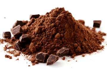 Classic dark chocolate powder with scattered granules and velvety texture isolated on white background
