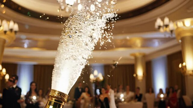 Champagne cork popping in slow motion during New Year's Eve in an elegant ballroom, key light, disco ball