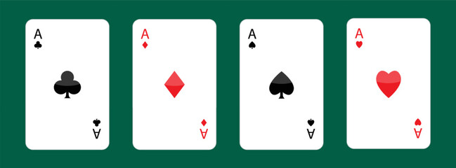 Playing card set. Four aces icon. Poker cards suits. Hearts, clubs, diamonds, spades ace. Winning poker hand. Las Vegas Casino gambling concept. Simple flat design. Green table background. Vector