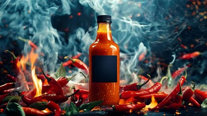 A bottle of hot sauce is on a table with a bunch of red