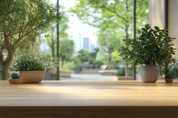 Fototapeta premium Wooden Tabletop with Greenery and Blurred Cityscape Background