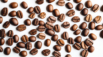 Obraz premium Close-up of scattered roasted coffee beans on a white background, showcasing various shades of brown and the texture of the coffee beans.