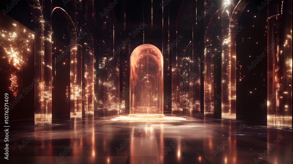 Poster 52. a high-end digital 3d space with floating, transparent surfaces and dramatic lighting, creating 