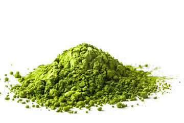 Delicious matcha tea powder with fluffy texture and bright green color on white background