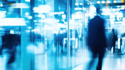 Business Man Walking in Airport with Blue Panel and Bokeh Effect. Abstract Minimalist Art Concept.